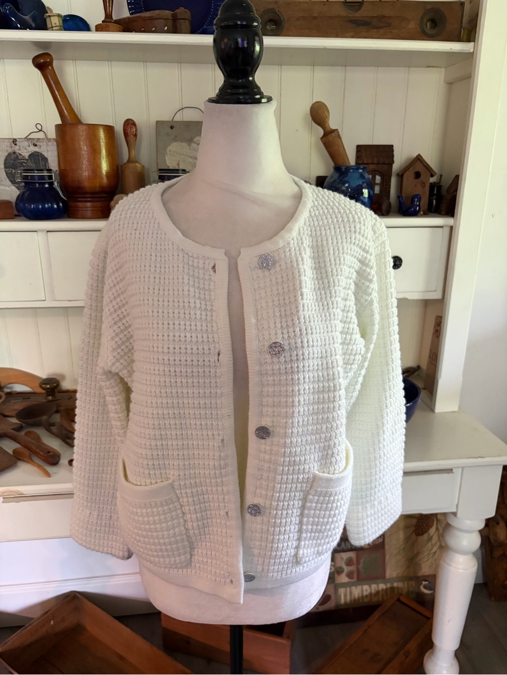 White Knit Button-Front Women's Sweater, Casual Pocket Cardigan by Pretty Garden